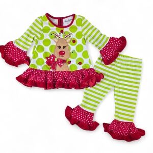 Rare Editions Christmas Reindeer Ruffle Outfit Set 12M – Green & Red Polka Dot